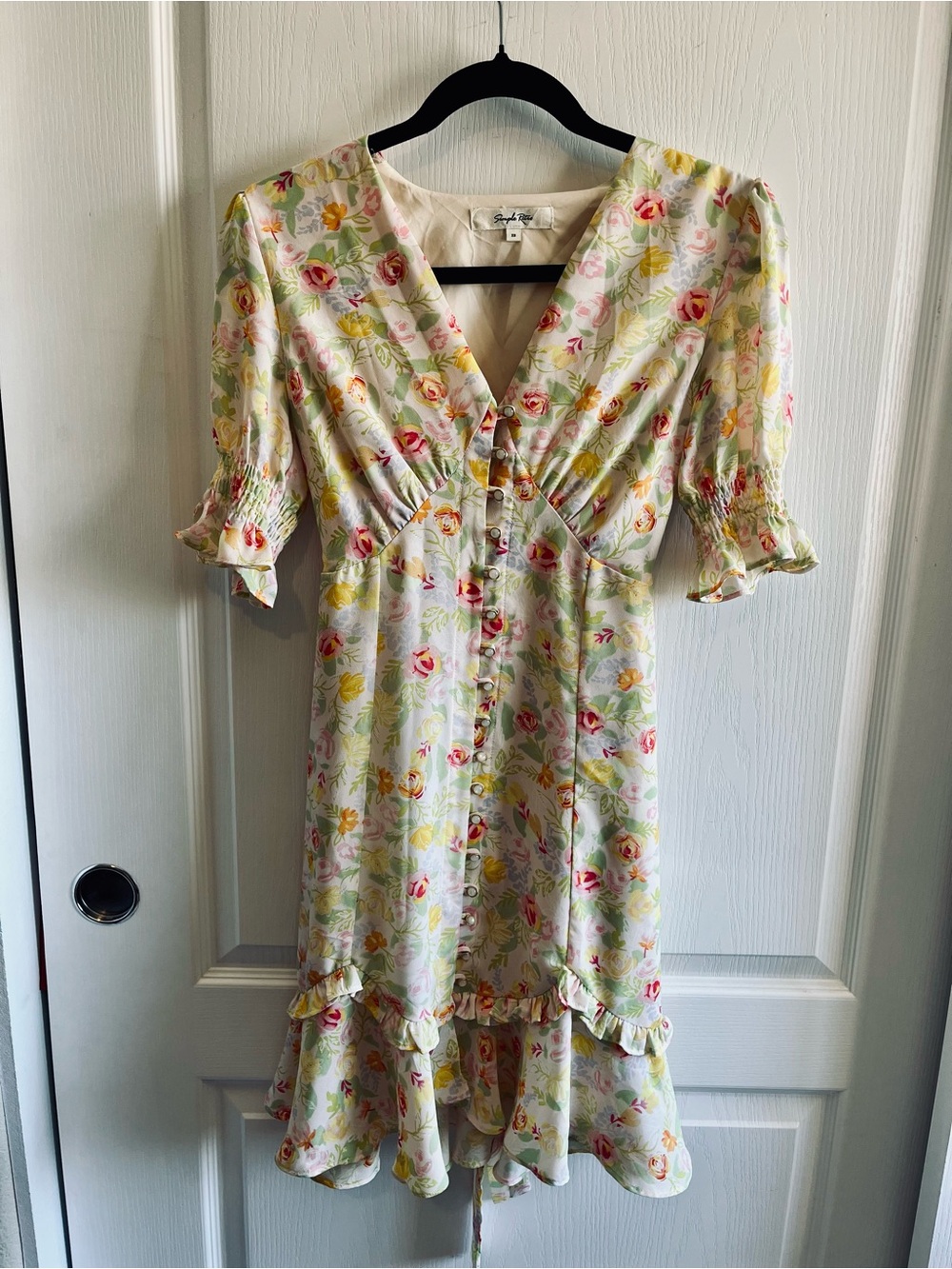 Simple Retro Rosalina Floral Mini Tea Dress Short Puff Sleeve Dress XS